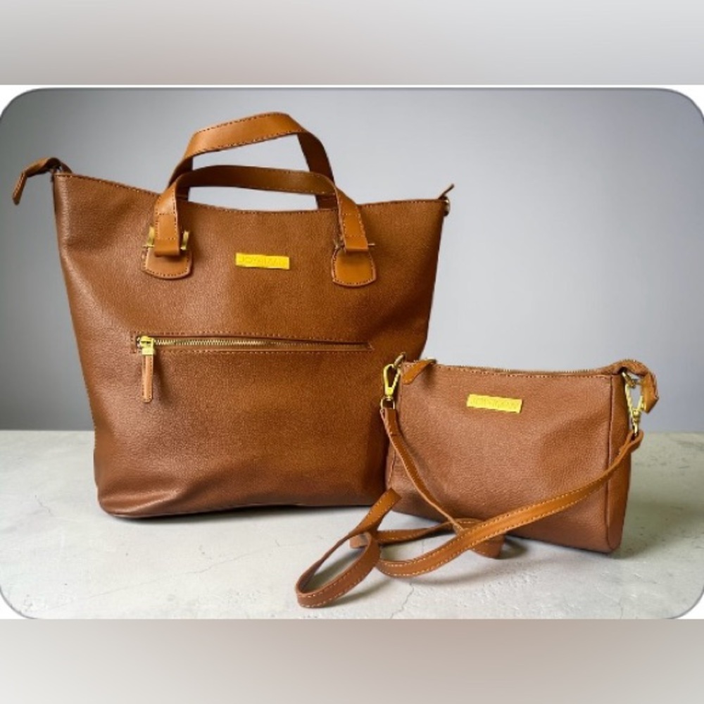 Joy & Iman Alexandria Leather Tan Tote with Matching Crossbody - Everyday Chic - Picture 2 of 12